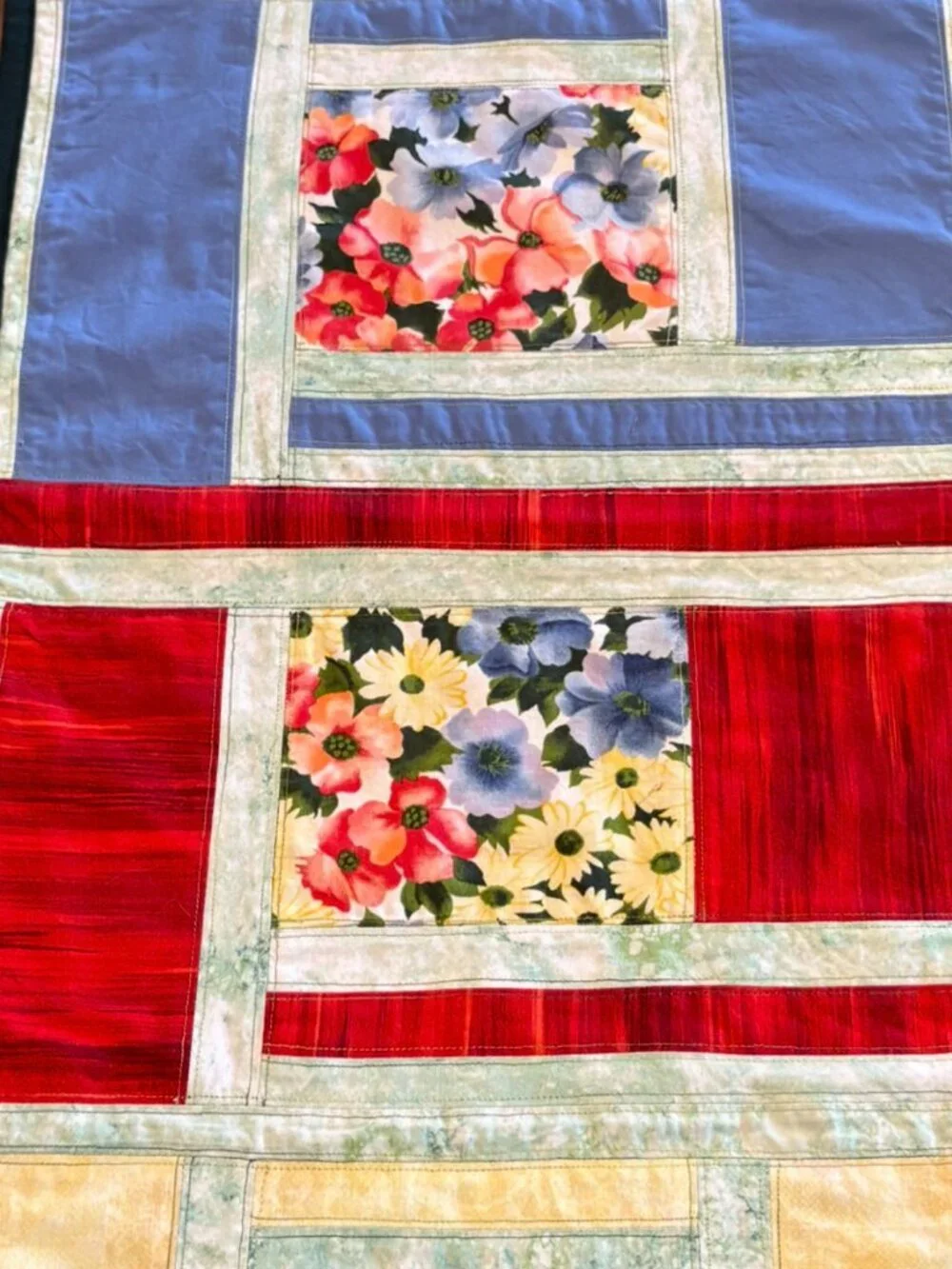 Handmade Vibrant Floral Table Runner, Log Cabin Cottagecore Patchwork Design